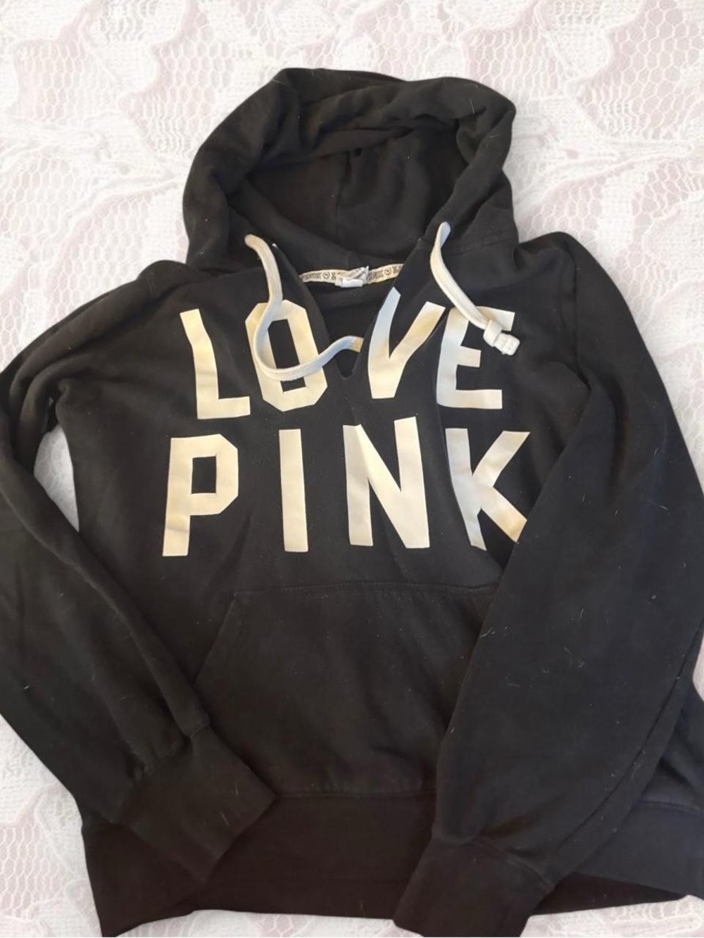 PINK Victoria's Secret Black Hoodie with White 'LOVE PINK' Print